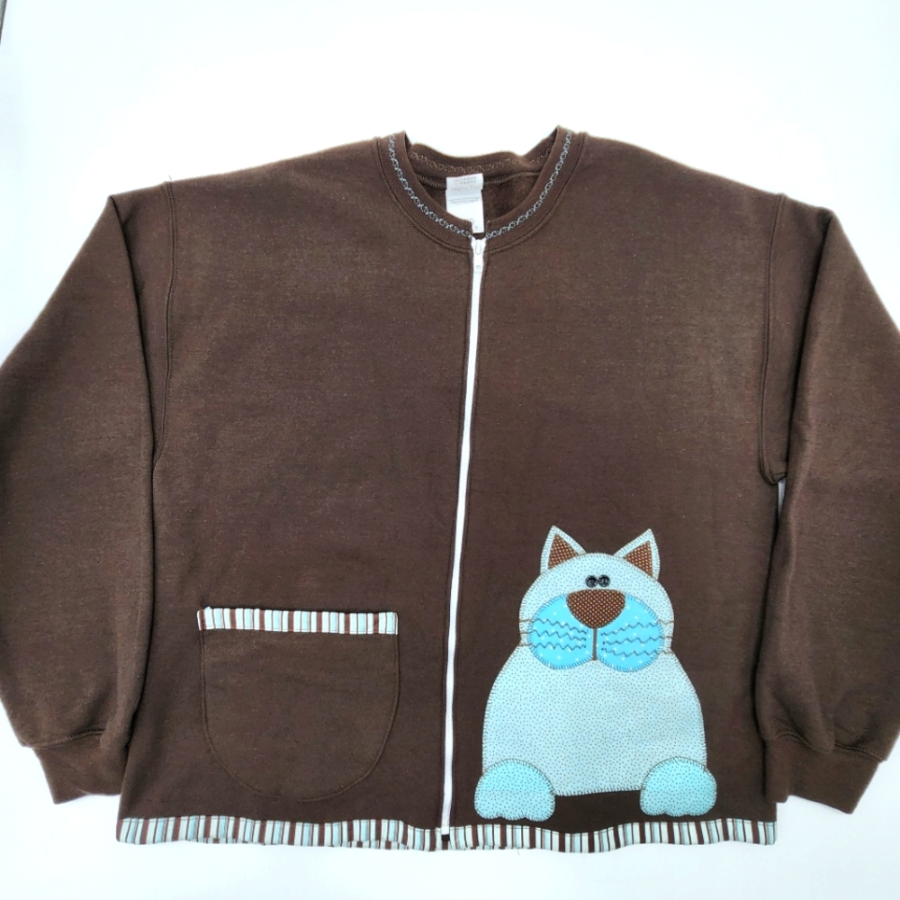 Handmade Appliqued Cat Full Zip Sweatshirt Size Large Color Brown & Blue